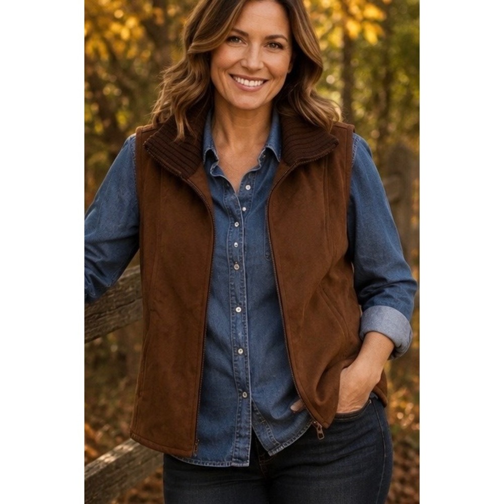Ann Taylor Womens Faux Suede Vest Brown Small Faux Fur Lined Western Mountain